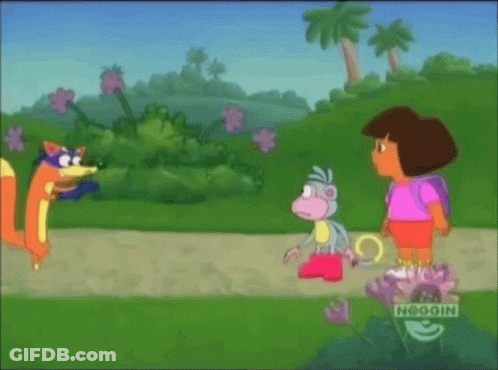 A Cartoon Of Dora Talking To A Monkey And A Fox GIF
