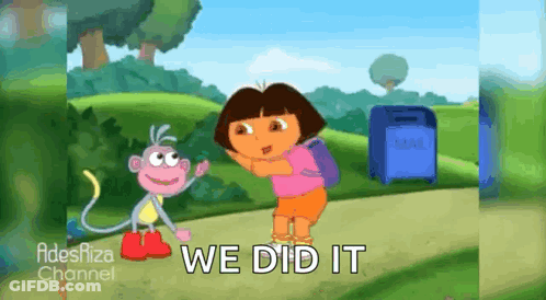 A Cartoon Of Dora Talking To A Monkey With The Words We Did It GIF