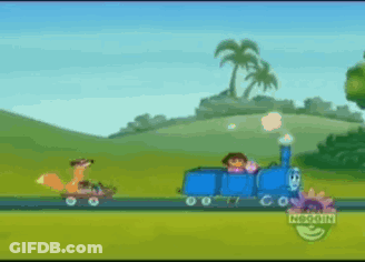 A Cartoon Of Dora The Explorer And A Fox Riding A Blue Train GIF