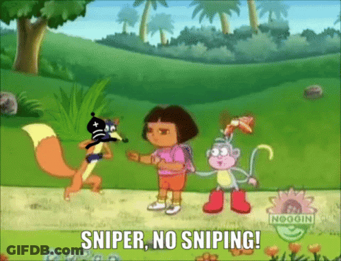A Cartoon Of Dora The Explorer Standing Next To A Fox And A Monkey With The Words Sniper No Sniping Below Them GIF