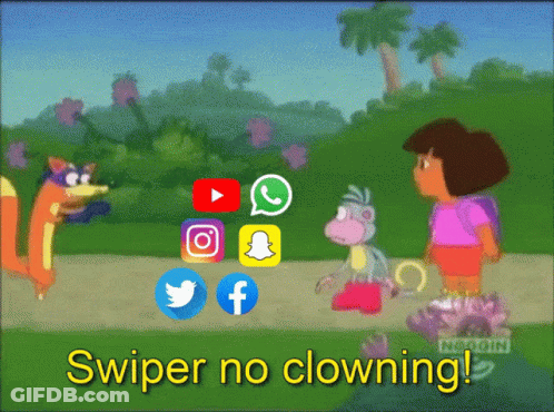 A Cartoon Of Dora The Explorer Standing Next To A Fox And A Monkey With The Words Swiper No Clowning GIF