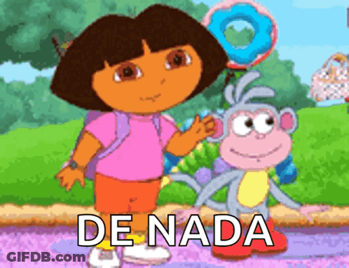 A Cartoon Of Dora The Explorer Standing Next To A Monkey With The Word De Nada Below Her GIF