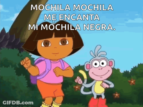 A Cartoon Of Dora The Explorer Standing Next To A Monkey With The Words Mochila Mochila Me Encanta Mi Mochila Negra GIF