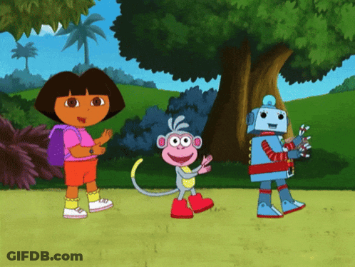 A Cartoon Of Dora The Explorer Standing Next To A Robot And A Monkey GIF