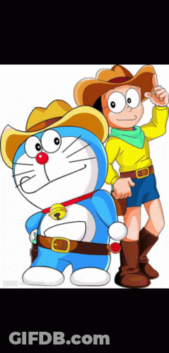 A Cartoon Of Doraemon And Nobita Wearing Cowboy Hats And Boots GIF