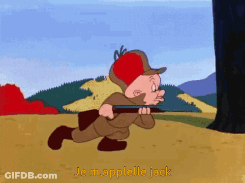 A Cartoon Of Earl The Rabbit Holding A Rifle With The Words Je M.applelle Jack Below Him GIF