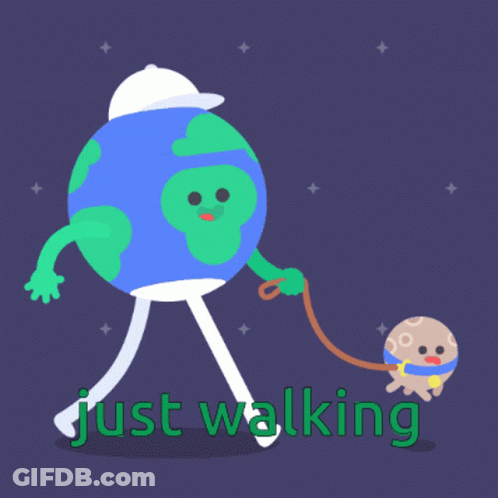 A Cartoon Of Earth Walking A Dog With The Words Just Walking Below GIF