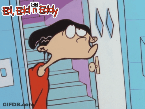 A Cartoon Of Ed Edd N Eddy Standing In Front Of A Blue Door GIF