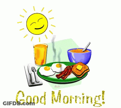 A Cartoon Of Eggs Bacon And Toast With The Words Good Morning GIF
