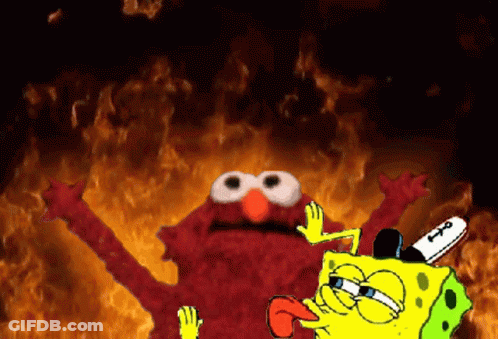 A Cartoon Of Elmo And Spongebob In Front Of A Fire Background GIF