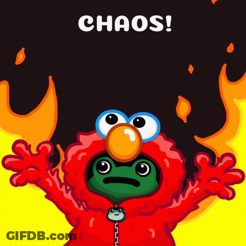A Cartoon Of Elmo With A Frog On His Head And The Words Chaos Written Above Him GIF