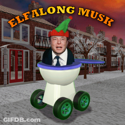 A Cartoon Of Elon Musk In A Stroller With Elf Along Musk Written Above Him GIF