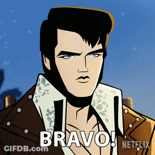 A Cartoon Of Elvis Presley Says Bravo On The Bottom Right GIF