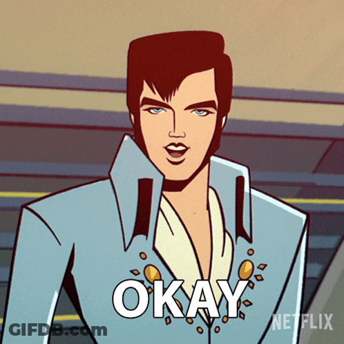 A Cartoon Of Elvis Presley Says " Okay " In Front Of Him GIF