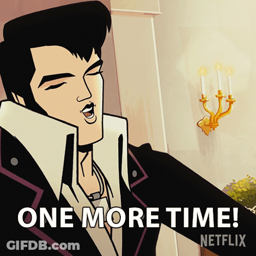 A Cartoon Of Elvis Presley Says One More Time On The Bottom GIF