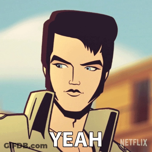 A Cartoon Of Elvis Presley Says Yeah On The Bottom GIF