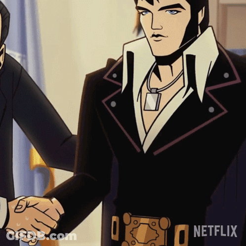Cartoon Elvis Presley Shaking Hands With Man With Netflix Belt GIF