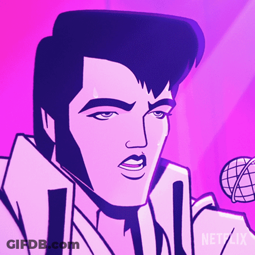 A Cartoon Of Elvis Presley Singing Into A Microphone With Netflix In The Corner GIF