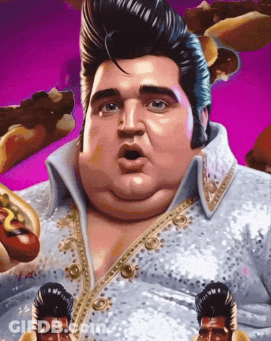 A Cartoon Of Elvis Presley Surrounded By Food GIF