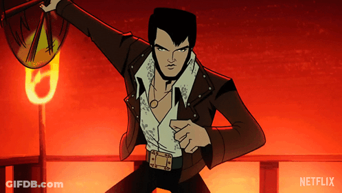 A Cartoon Of Elvis Presley With A Netflix Logo In The Background GIF