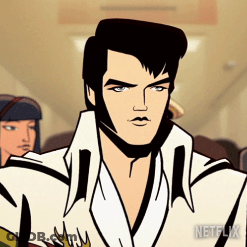 A Cartoon Of Elvis Presley With A Netflix Logo In The Corner GIF