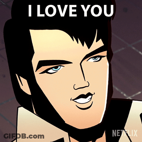 A Cartoon Of Elvis Presley With The Words " I Love You " Above Him GIF