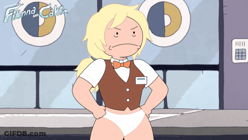 Cartoon Girl In Vest And Bow Tie Shows Finna And Cake GIF