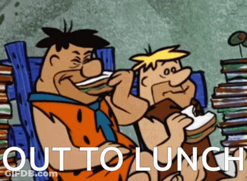 A Cartoon Of Flintstone And Barry Eating Sandwiches With The Caption Out To Lunch GIF