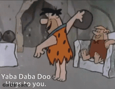 A Cartoon Of Flintstone Holding A Rock With The Words " Yaba Dada Doo Hugs To You " On The Bottom GIF