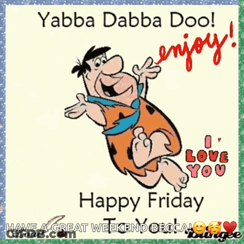 A Cartoon Of Flintstone Is Flying In The Air And Says Happy Friday GIF