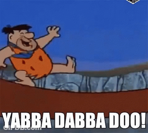 A Cartoon Of Flintstone Jumping Over A Rock With The Words Yabba Dabba Doo Written Below Him . GIF