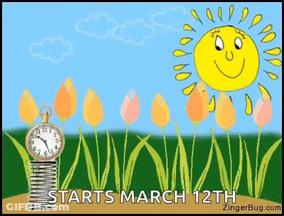 A Cartoon Of Flowers And A Clock With The Words Starts March 12Th GIF