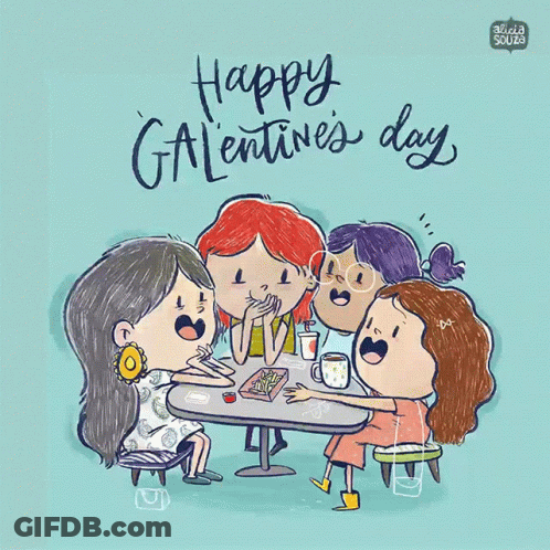 A Cartoon Of Four Girls Sitting At A Table With The Words Happy Valentine 'S Day On The Bottom GIF