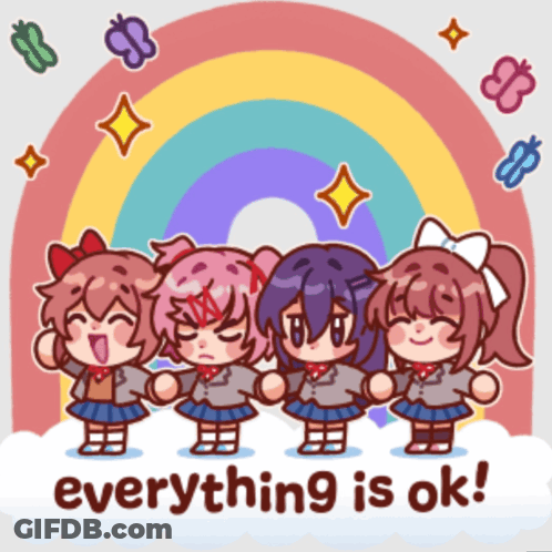 A Cartoon Of Four Girls Standing In Front Of A Rainbow With The Words Everything Is Ok GIF