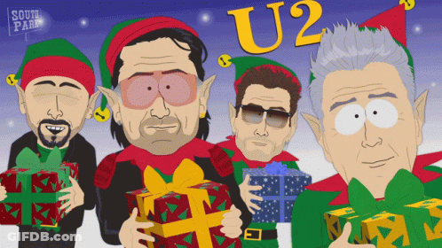 A Cartoon Of Four Men Dressed As Elves Holding Presents With U2 Written On The Top GIF