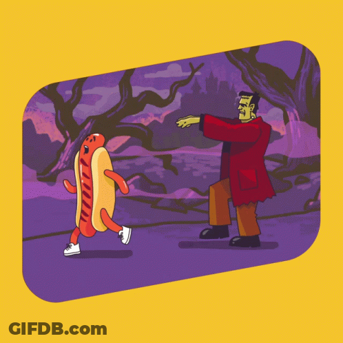 A Cartoon Of Frankenstein And A Hot Dog On A Yellow And Purple Background GIF