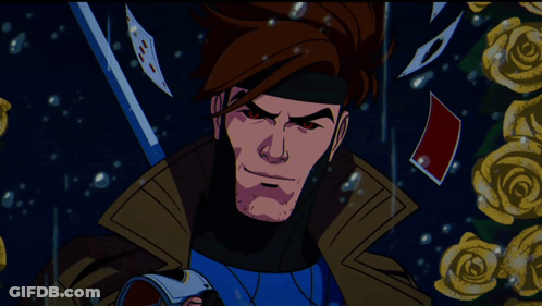 A Cartoon Of Gambit Holding A Sword And Playing Cards In The Background GIF
