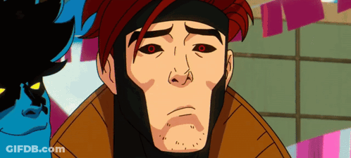 A Cartoon Of Gambit With Red Eyes And A Beard GIF
