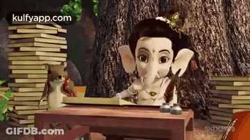 A Cartoon Of Ganesha Sitting At A Table With A Stack Of Books And A Frog . GIF