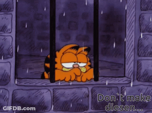 A Cartoon Of Garfield Behind Bars With The Words " Don T Make Diesen " GIF