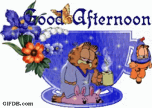 A Cartoon Of Garfield Drinking A Cup Of Coffee With The Words Good Afternoon GIF
