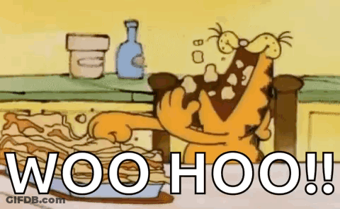 A Cartoon Of Garfield Eating A Stack Of Pancakes With The Words `` Woo Hoo ! '' GIF