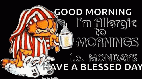 A Cartoon Of Garfield Holding A Cup Of Coffee With The Words Good Morning I 'M Allergic To Mornings GIF