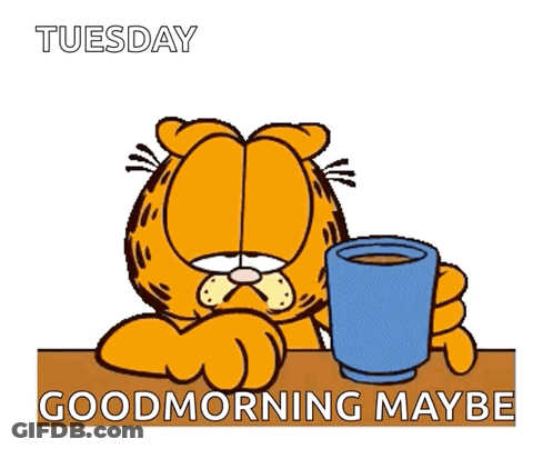 A Cartoon Of Garfield Holding A Cup With The Words Tuesday Good Morning Maybe Below It GIF