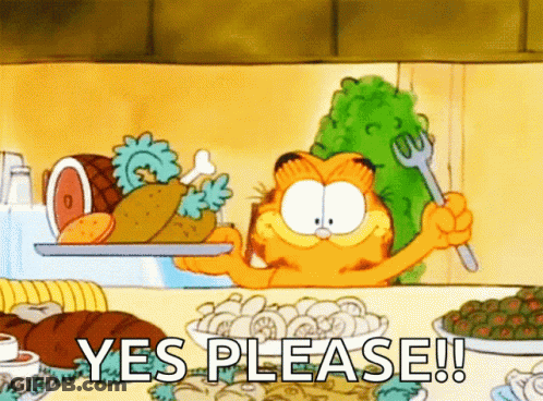 A Cartoon Of Garfield Holding A Fork And A Tray Of Food With The Words Yes Please Below Him GIF