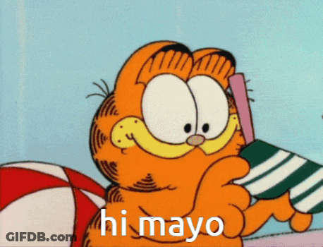 A Cartoon Of Garfield Holding An Umbrella With The Words Hi Mayo On The Bottom GIF