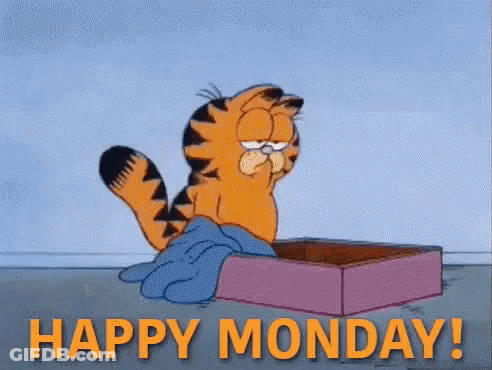 A Cartoon Of Garfield Laying On A Box With The Words Happy Monday Written Below Him . GIF