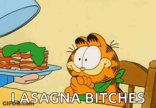 A Cartoon Of Garfield Looking At A Plate Of Lasagna With The Caption Lasagna Bitches GIF