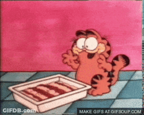 A Cartoon Of Garfield Looking At A Tray Of Food GIF
