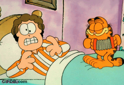 A Cartoon Of Garfield Playing An Accordion Next To A Man In Bed GIF